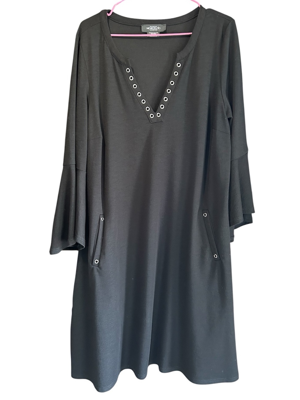 Michel Studio Black V-Neck A-Line Dress with Eyelet Trim